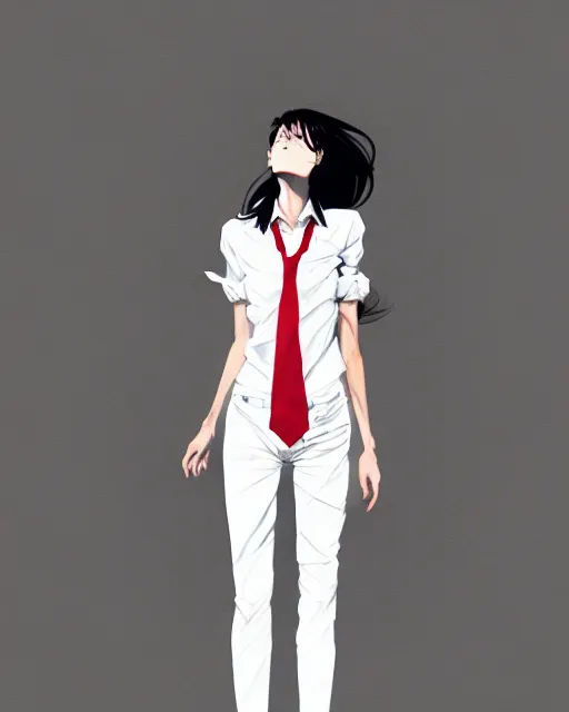 Image similar to a ultradetailed full body portrait of a woman dressed in a white shirt with a tie, by conrad roset, greg rutkowski and makoto shinkai trending on artstation