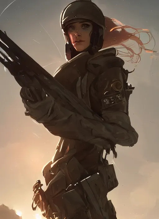 Image similar to of a beautiful sniper girl in war, with futuristic gear and helmet, portrait, hoding a arrowgun, in the style of greg rutkowski, artstation, high quality art, lighting flare effect