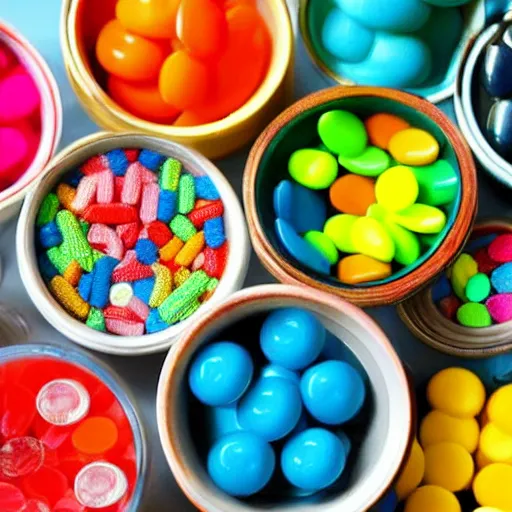 Prompt: Bowl containing a mixture of colorful, dangerous pills and harmless candies. Can you guess which is which?