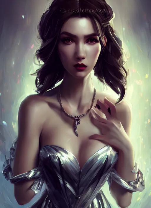 Image similar to beautiful fashion goddness, strapless dress, character portrait in the style of thomas river and artgerm, wlop, cinematic lighting, hyperdetailed, 8 k realistic, symmetrical, global illumination, radiant light, halo, love and mercy, frostbite 3 engine, cryengine, dof, trending on artstation, digital art, chanel