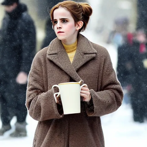 Prompt: photo of a cold emma watson holding a cup of warm milk, cozy