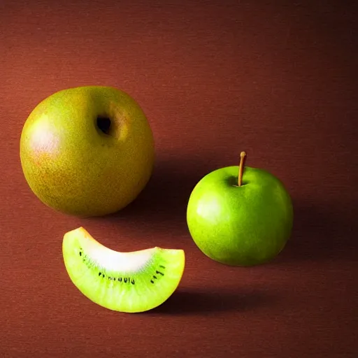 Image similar to mc escher fruit cut in half resting on table