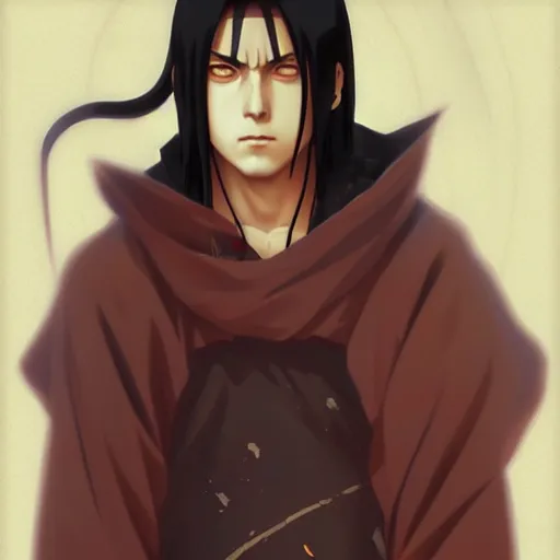 Image similar to itachi from naruto, highly detailed, digital painting, artstation, concept art, sharp focus, illustration, art by greg rutkowski and alphonse mucha