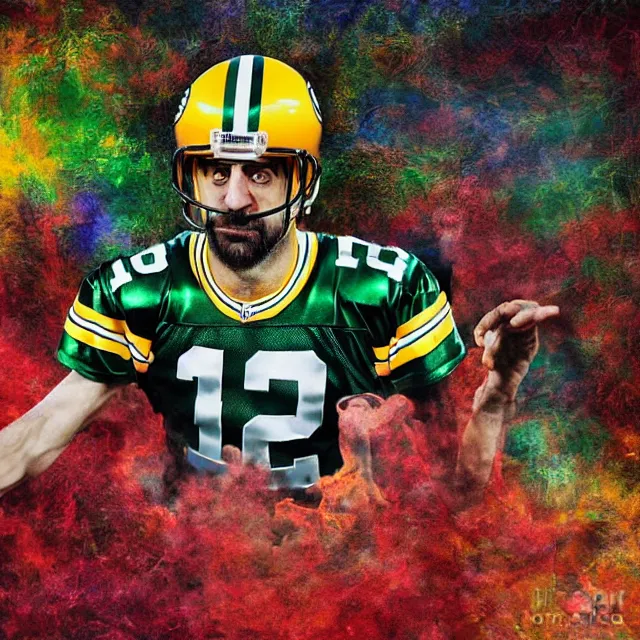 Image similar to aaron rodgers tripping on ayahuasca in peru, digital art, surreal