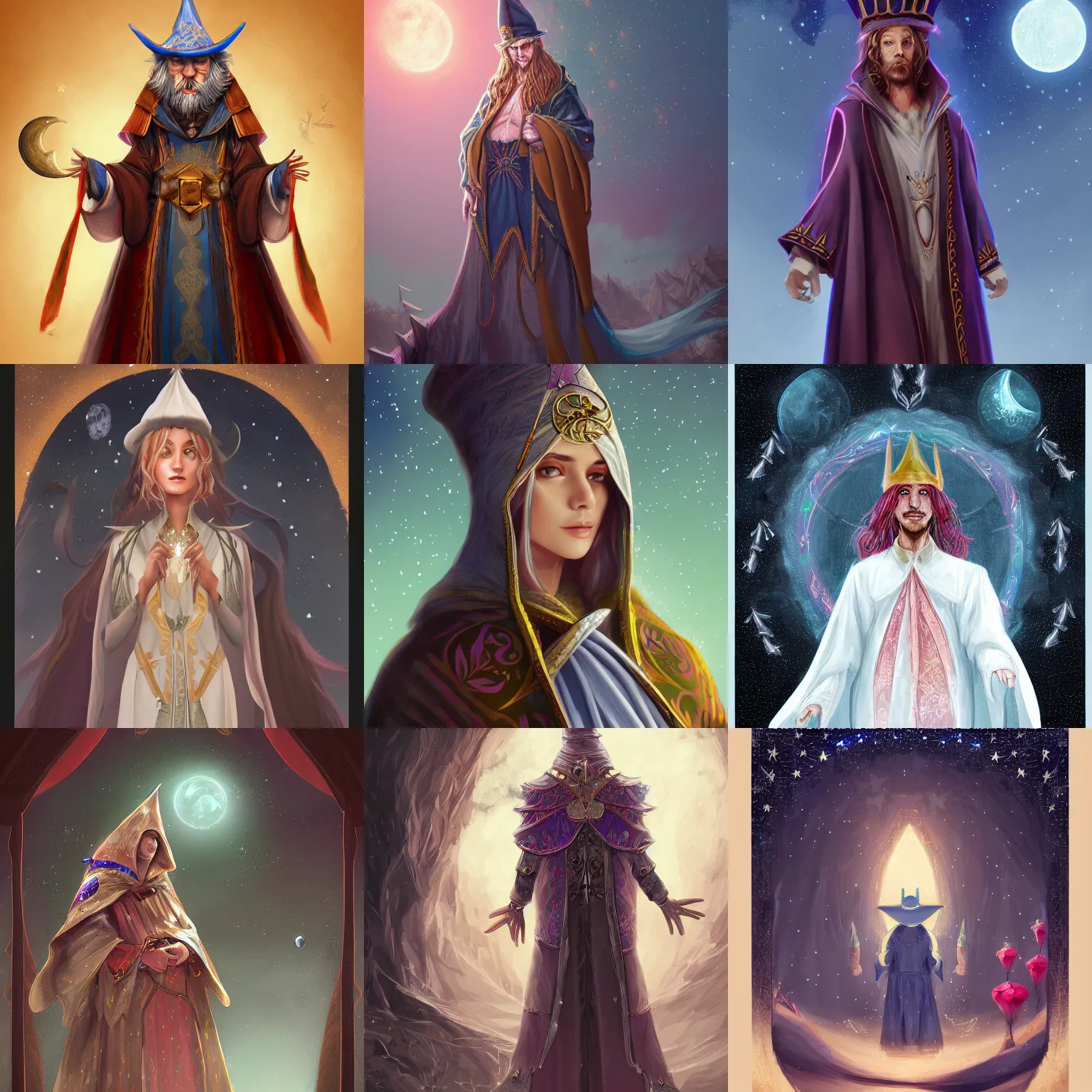 Prompt: adult wizard wearing abyzentine hat and a robe with star and moon pattern, fantasy, intricate, elegant, highly detailed, digital painting, artstation, concept art, matte, illustration
