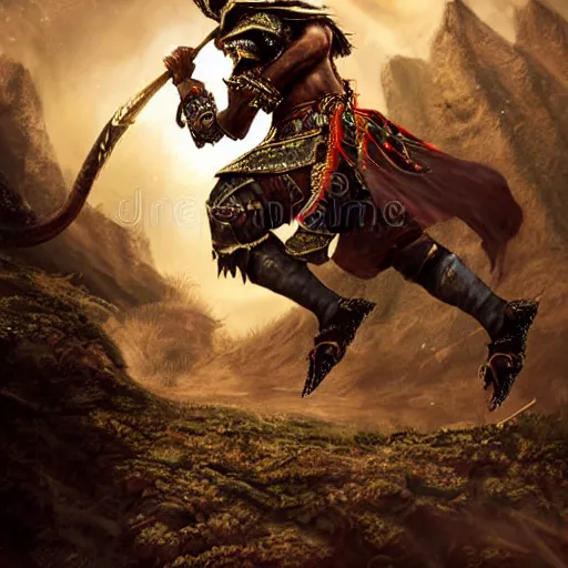 Prompt: a young black boy dressed like an african moorish warrior in gold armor and a crown with a ruby, charging through a dragons lair, skyrim character digital illustration portrait design, by adi granov, dramatic lighting, wide angle dynamic action shot