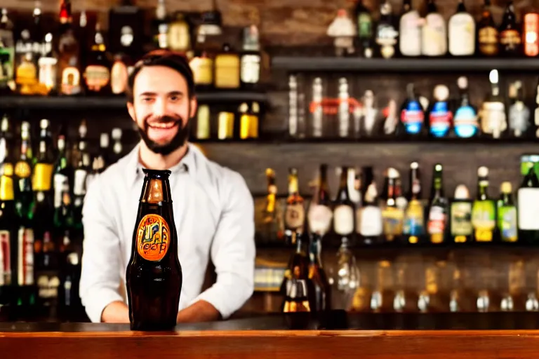 Prompt: a anthropomorphic bottle of beer, customer, stands in front of a bar waiting to be served by the bartender