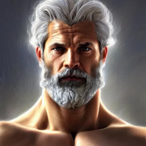 Image similar to half body portrait of rugged zeus, greek god, 4 0 years old, handsome, white hair, soft hair, upper body, muscular, hairy torso, fantasy, intricate, elegant, highly detailed, digital painting, artstation, concept art, smooth, sharp focus, illustration, art by artgerm and greg rutkowski and alphonse mucha