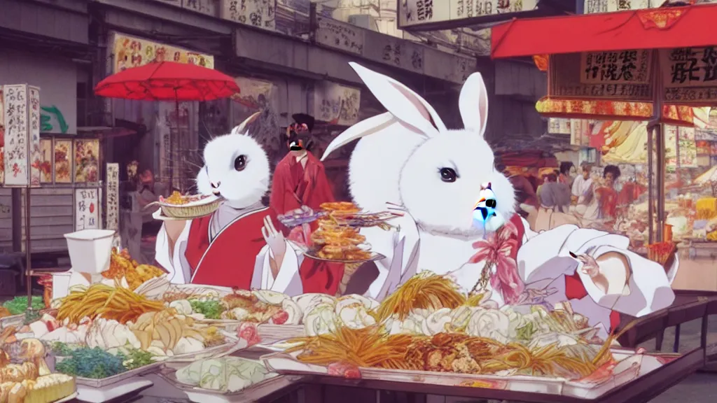 Image similar to a huge white rabbit wearing a geisha robe eating at the street market, anime film still from the an anime directed by Katsuhiro Otomo with art direction by Salvador Dalí, wide lens