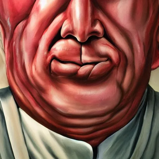 Prompt: low angle of the butcher's face, closeup of a butcher working, artwork by craig bullins