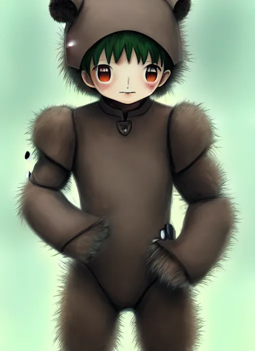 Image similar to beautiful little boy wearing an cyborg bear suit, artwork in kentaro miura and made in abyss and rosdraws, smooth, beautiful lightness, anatomically correct, trending on pixiv, forest