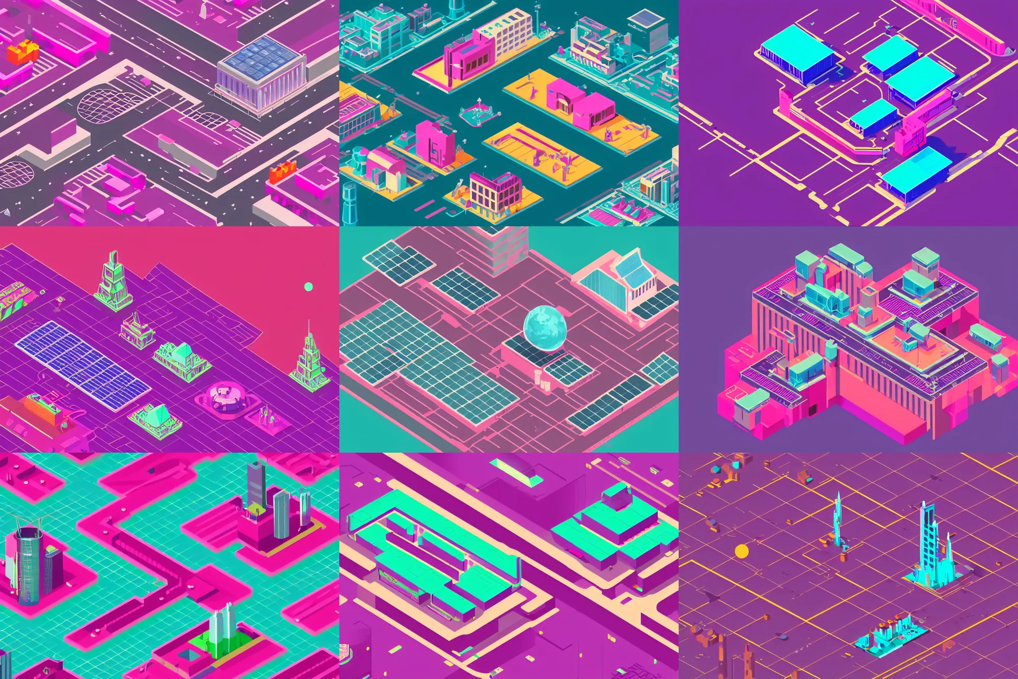 Prompt: an isometric perspective futuristic city, stylized, minimalist, solar punk, artificial intelligence, magenta colours, illustration, professional, high quality, vector, 3 d, flat