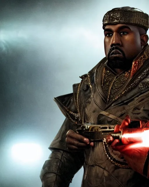 Image similar to kanye west as muammar kadhafi emperor napoleon in gears of war, splash art, movie still, cinematic lighting, dramatic, octane render, long lens, shallow depth of field, bokeh, anamorphic lens flare, 8 k, hyper detailed, 3 5 mm film grain