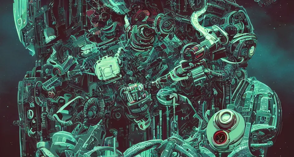 Image similar to retro vintage sci-fi : : dark 2D matte gouache illustration : : dark lively blissful holistic cyborg being of robotic awareness and consciousness : : ornate : : detailed : : majestic : :