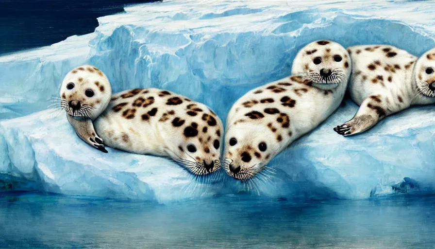 Image similar to highly detailed painting of cute furry white baby seal leopards cuddling into each other on a blue and white iceberg by william turner, by greg rutkowski, by william constable, thick brush strokes and visible paint layers, 4 k resolution