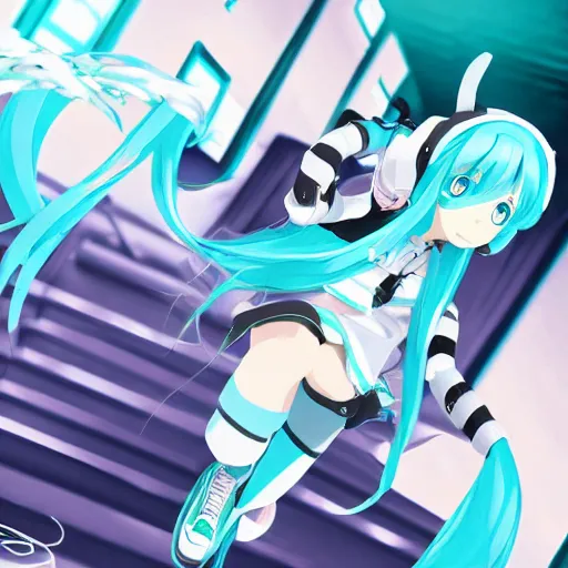 Prompt: hatsune miku in the liminal space, backrooms, source, liminal spaces, high quality photo