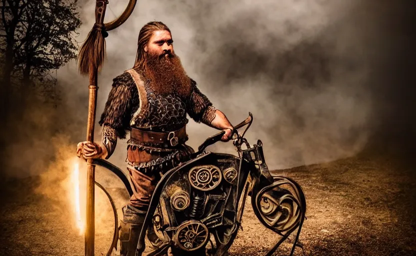 Image similar to old vintage full body photo of ancient viking warrior with full beard riding on the complex steam punk engine with one wheel, extreme sports photography ,super high speed photography, dynamic photography,symmetrical face, clean face, muscular body, high speed,dirt and grawel in air, lens flares, dust partiles in the air, dramatic lighting, intricate, highly detailed, centered, smooth, sharp focus, sports photography, old photo, black and white, sepia, cinematic lighting, cinematic angle, national geographic