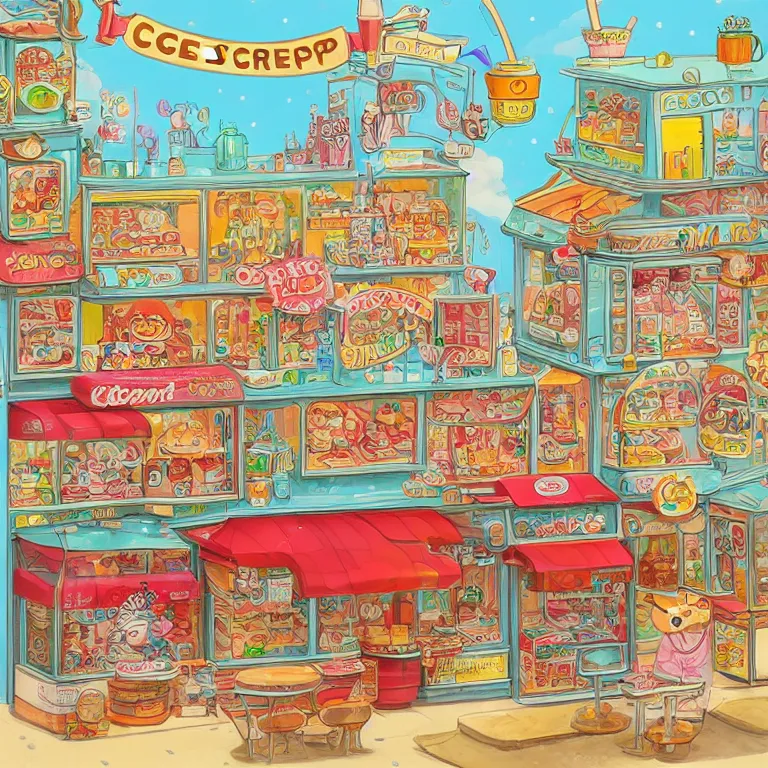 Image similar to ice cream shop, by richard scarry, intricate detail, HD, trending on artstation, fluorescent accents