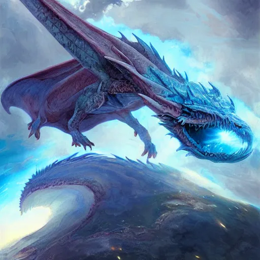 Image similar to Gigantic blue scaled dragon devouring an earth like planet while flying in space, sun system, behemoth, European dragon, nebula, oil painting, by Fernanda Suarez and Edgar Maxence and Greg Rutkowski