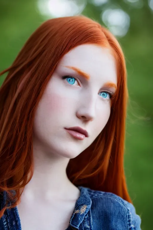 Image similar to a portrait of a redhead beautiful girl, green eyes, highly detailed, 3 5 mm f 1. 4 background silver fir