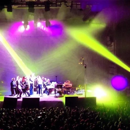 Prompt: they might be giants playing a concert in the large hadron collider. photorealistic. dramatic lighting.