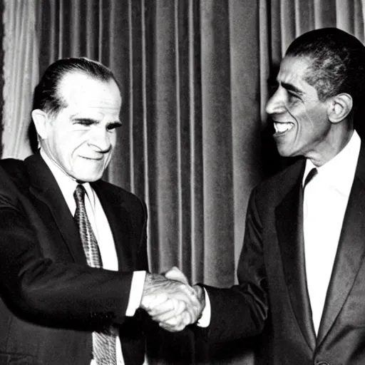 Prompt: futurama richard nixon shaking hands with barrack ombama