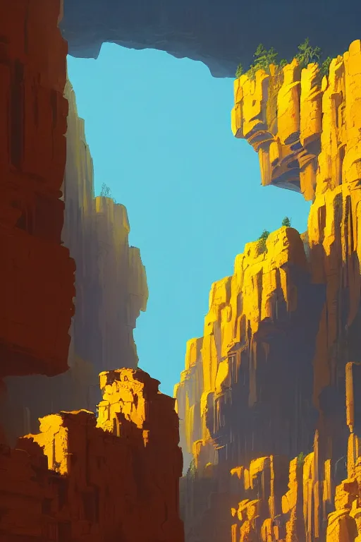 Prompt: ancient temple glowing yellow in a canyon, light streaks in a blue sky, dramatic lighting, artstation, matte painting, ralph mcquarrie, simon stalenhag