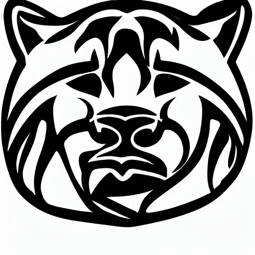 Image similar to jaguar head tattoodesign, geometrical, symmetrical, frontview, black and white, white background.