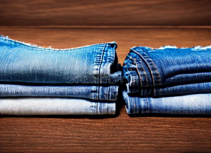 Image similar to clear highly detailed photorealistic topdown mockup product photograph of a realisticfolded pair of jeans on a wooden background