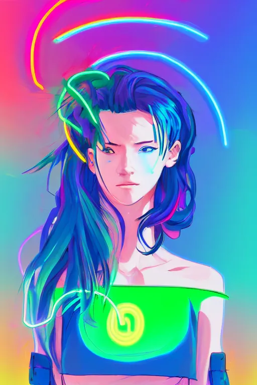 Prompt: a award winning portrait of a beautiful woman with stunning eyes in a one off shoulder croptop and cargo pants with rainbow colored hair, outlined by whirling illuminated neon lines and fine lines swirling in circles by makoto shinkai, digital art, trending on artstation
