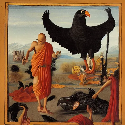 Image similar to hindu monks worshipping giant crow as devil on greek senete baroque painting, lionardo davinchi