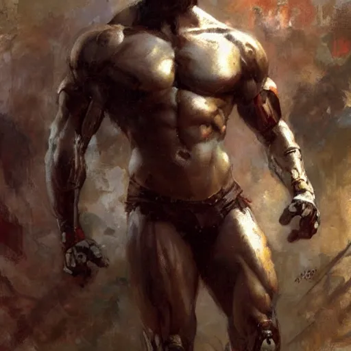 Image similar to muscular male cyborg, muscle, painting by gaston bussiere, craig mullins, greg rutkowski, yoji shinkawa