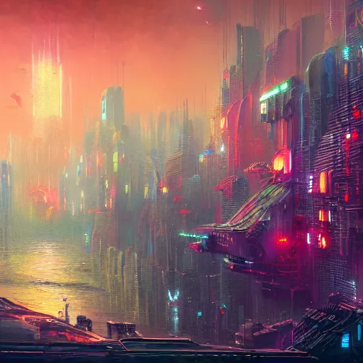 Prompt: a Stunning painting of A Great cyberpunk city on the sea by Paul Lehr,concept art,hyper detailed,digital art,highly realistic,8K Resolution