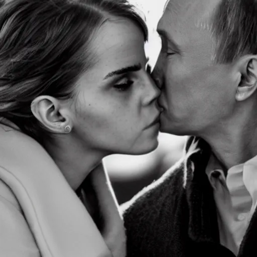 Image similar to emma watson kissing putin, award winning photography, cinematic, 50 mm, trending on Twitter