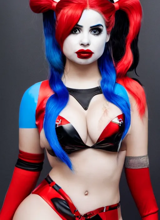 Prompt: portrait of demi rose as harley quinn, by francis giancobetti, natural light, detailed face, canon eos c 3 0 0, ƒ 1. 8, 3 5 mm, 8 k, medium - format print, full body shot