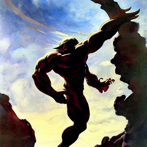 Prompt: painting of a giant cyclops staring down, cloudy sky, dynamic composition, low angle, harmonious colors, lights and shadows, frank frazetta