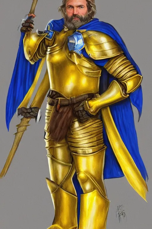 Prompt: a knight with blue tabard and a yellow cape and steel pauldrons and short blonde hair and a short blonde beard, realistic, detailed, trending on ArtStation, by Larry Elmore