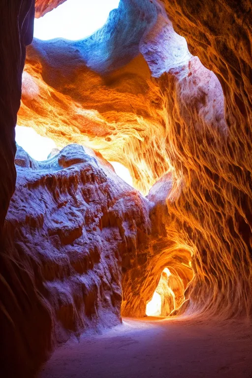 Prompt: photograph of inside of beautiful glowing caves