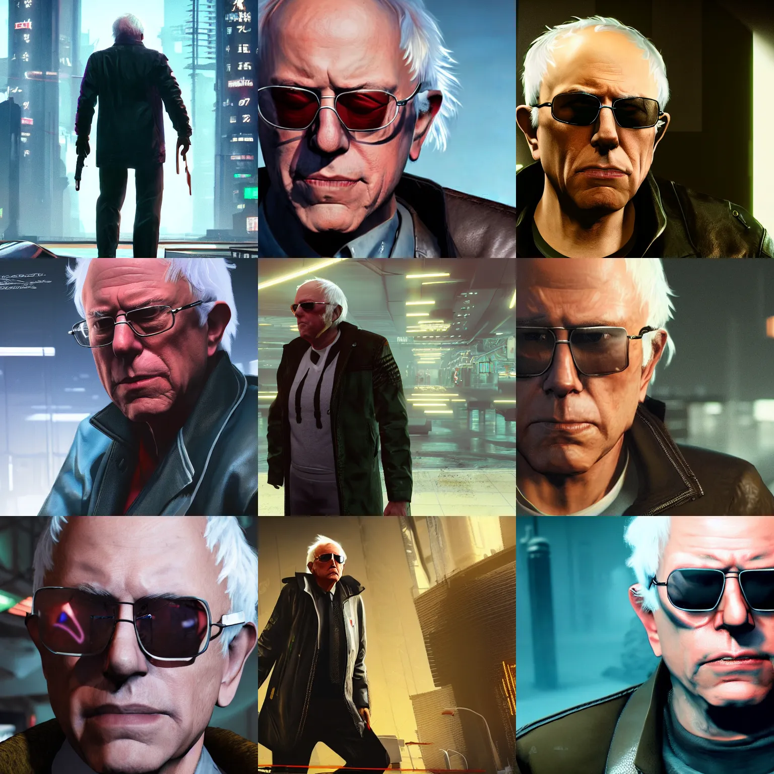Prompt: full-frame of Bernie Sanders, wearing sunglasses and a leather-coat, as a character from Cyberpunk 2077, looking at camera, intricate, sci-fi, extremely detailed, concept art, artstation