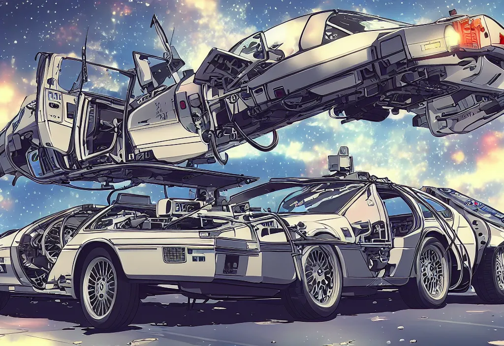 Prompt: An anime art of one delorean, digital art, 8k resolution, anime style, high detail, lowrider style, wide angle