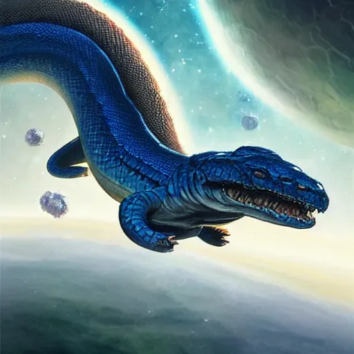 Image similar to Blue scaled snake devouring an earth like planet while flying in space, sun system, dragon, nebula, digital art by Greg Rutkowski