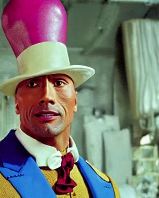 Prompt: Film still of Dwayne Johnson as Willy Wonka from the movie Willy Wonka & The Chocolate Factory
