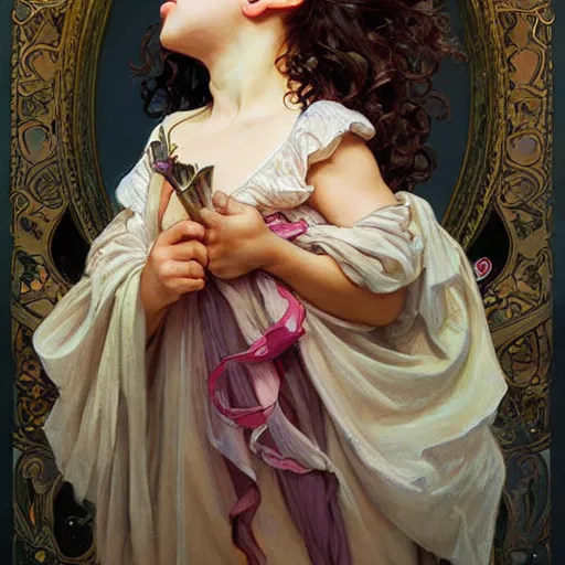 Prompt: a picture of a little girl with curly hair being very overdramatic, painting by artgerm and greg rutkowski and alphonse mucha