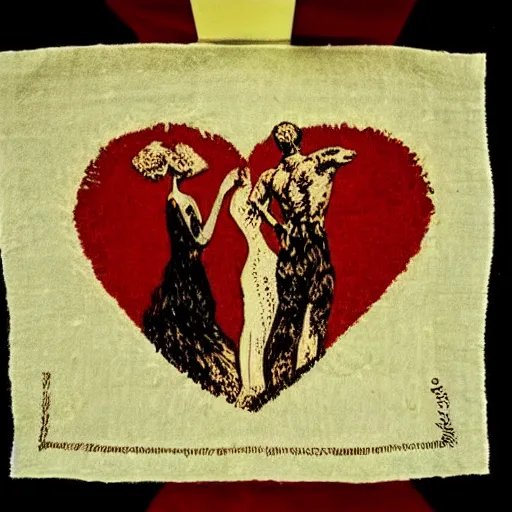 Image similar to A depiction of love on a burnt napkin, by Lucien Clergue and R. Crumb