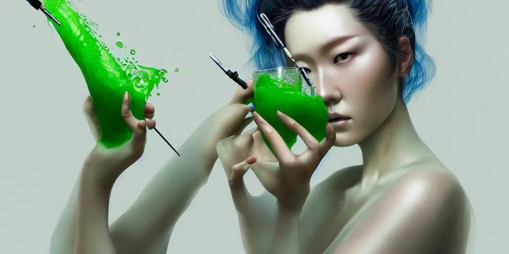 Image similar to hyperrealistic photography of a gorgeous female doctor holding a syringe containing green liquid in the style of jin kagetsu, james jean, chris cunninham, hans bellmer and wlop, highly detailed, face symmetry, masterpiece, award - winning, sharp focus, intricate concept art, ambient lighting, 8 k, artstation