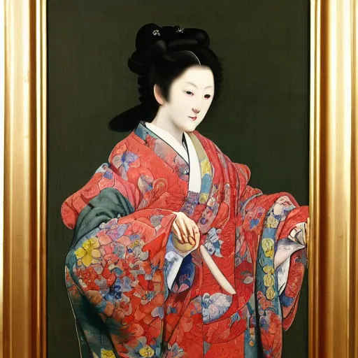 Prompt: museum quality painting of yamaguchi momoe in kimono, in the style of jan van eyck, tom bagshaw, jean delville, william bouguereau, albrecht durer, hokusai