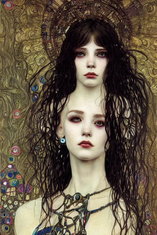 Prompt: portrait of beautiful young gothic maiden, cyberpunk, highly detailed, artstation, illustration, art by Gustav Klimt