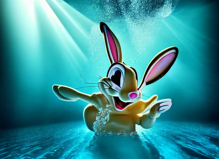 Image similar to under water bugs bunny, water light scattering, underwater photography, high details, 8 k, realistic shot, cinematic lighting