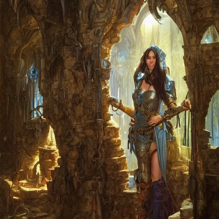 Image similar to megan fox in a digital painting of a medieval fantasy dungeon room by justin gerard, paul bonner, highly detailed, pale blue backlight, digital art, artstation hd by artgerm, greg rutkowski, alphonse mucha