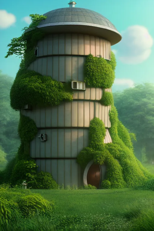 Image similar to cylindrical house, solarpunk, studio ghibli, jean - baptiste monge, octane render, 4 k